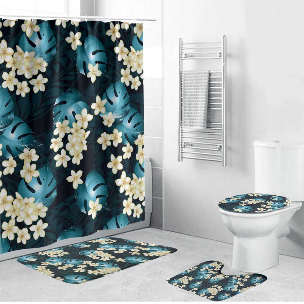 Dark Cyan Tropical Hawaii Bathroom Set Seamless Monstera Plumeria Hawaiian Pattern - Polynesian Pride