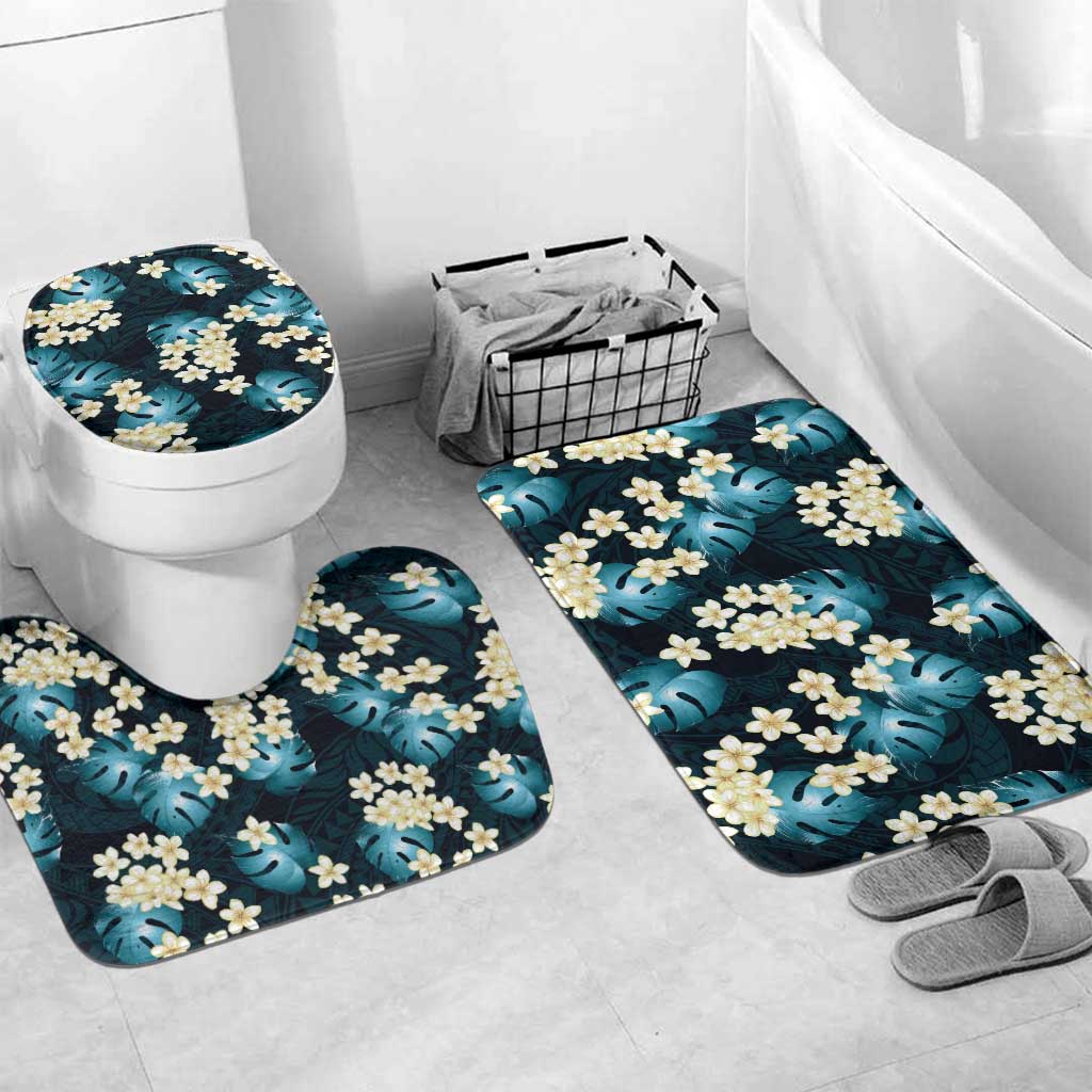 Dark Cyan Tropical Hawaii Bathroom Set Seamless Monstera Plumeria Hawaiian Pattern - Polynesian Pride