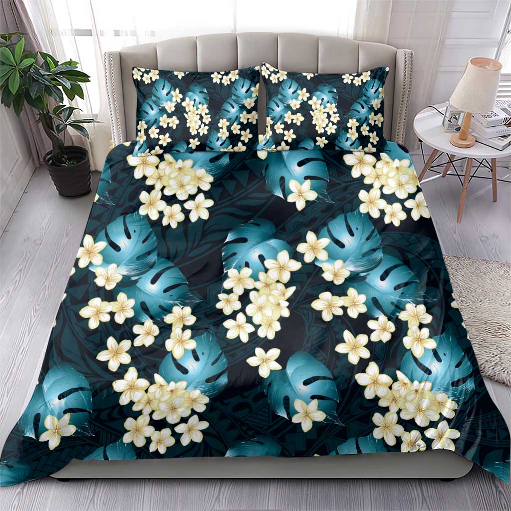 Dark Cyan Tropical Hawaii Bedding Set Seamless Monstera Plumeria Hawaiian Pattern - Polynesian Pride