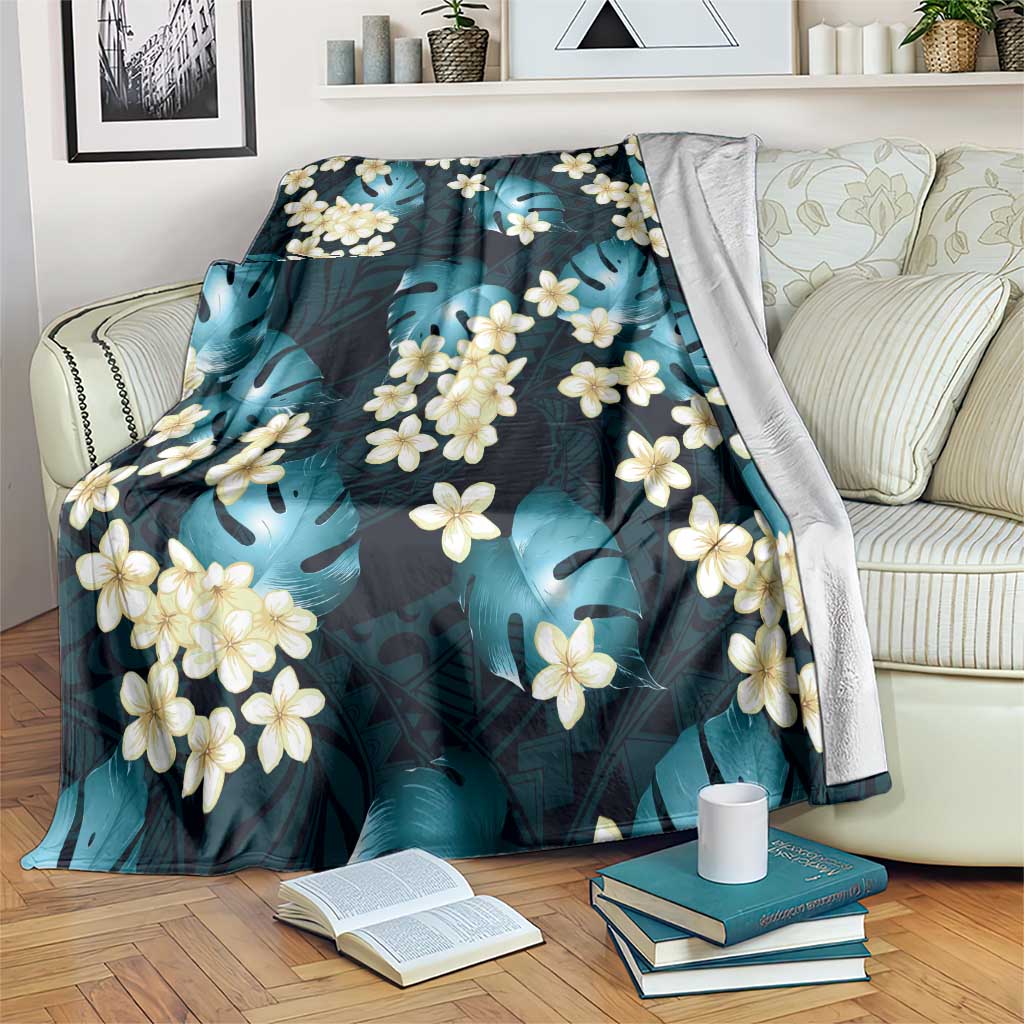 Dark Cyan Tropical Hawaii Blanket Seamless Monstera Plumeria Hawaiian Pattern - Polynesian Pride