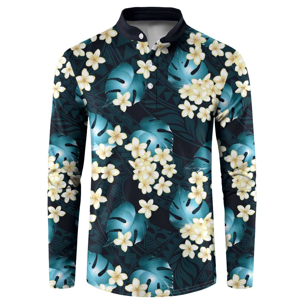 Dark Cyan Tropical Hawaii Button Sweatshirt Seamless Monstera Plumeria Hawaiian Pattern - Polynesian Pride
