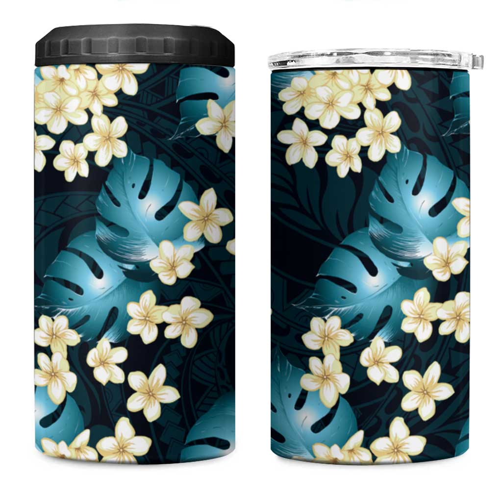 Dark Cyan Tropical Hawaii 4 in 1 Can Cooler Tumbler Seamless Monstera Plumeria Hawaiian Pattern - Polynesian Pride