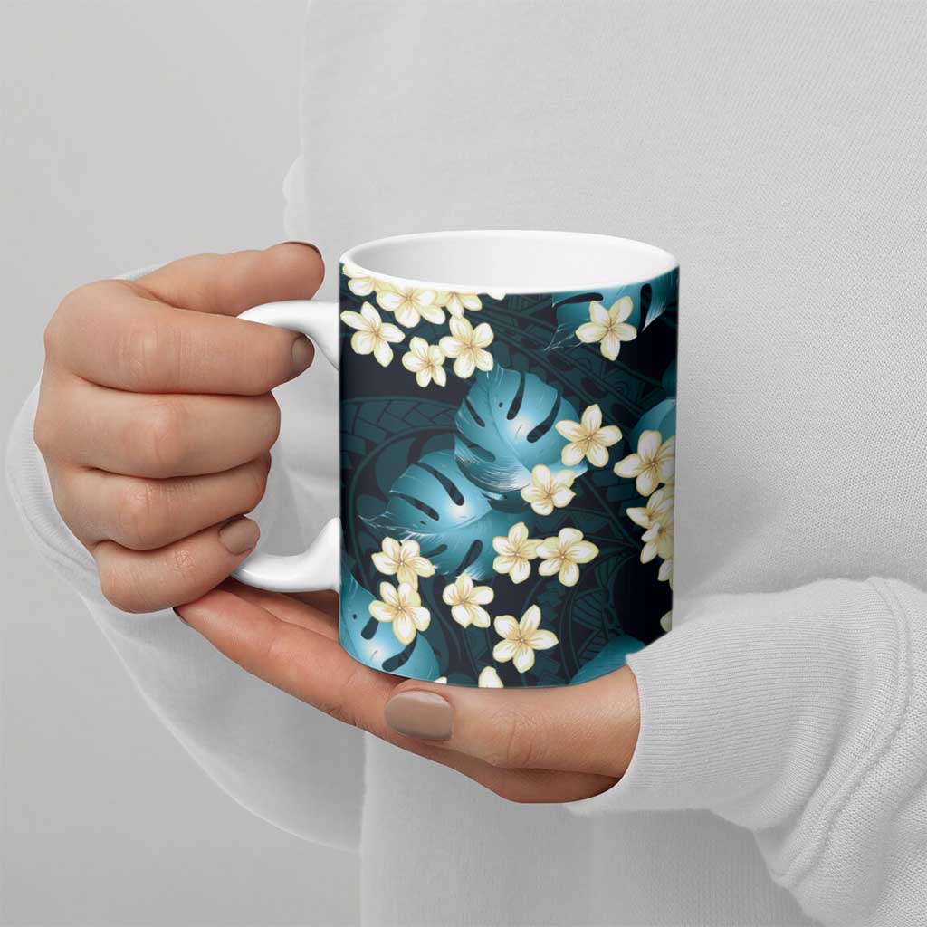 Dark Cyan Tropical Hawaii Ceramic Mug Seamless Monstera Plumeria Hawaiian Pattern - Polynesian Pride