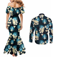 Dark Cyan Tropical Hawaii Couples Matching Mermaid Dress and Long Sleeve Button Shirt Seamless Monstera Plumeria Hawaiian Pattern - Polynesian Pride