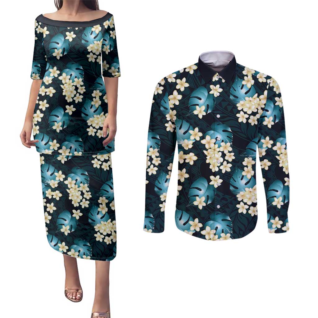 Dark Cyan Tropical Hawaii Couples Matching Puletasi and Long Sleeve Button Shirt Seamless Monstera Plumeria Hawaiian Pattern - Polynesian Pride