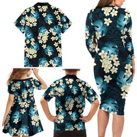 Dark Cyan Tropical Hawaii Family Matching Long Sleeve Bodycon Dress and Hawaiian Shirt Seamless Monstera Plumeria Hawaiian Pattern - Polynesian Pride