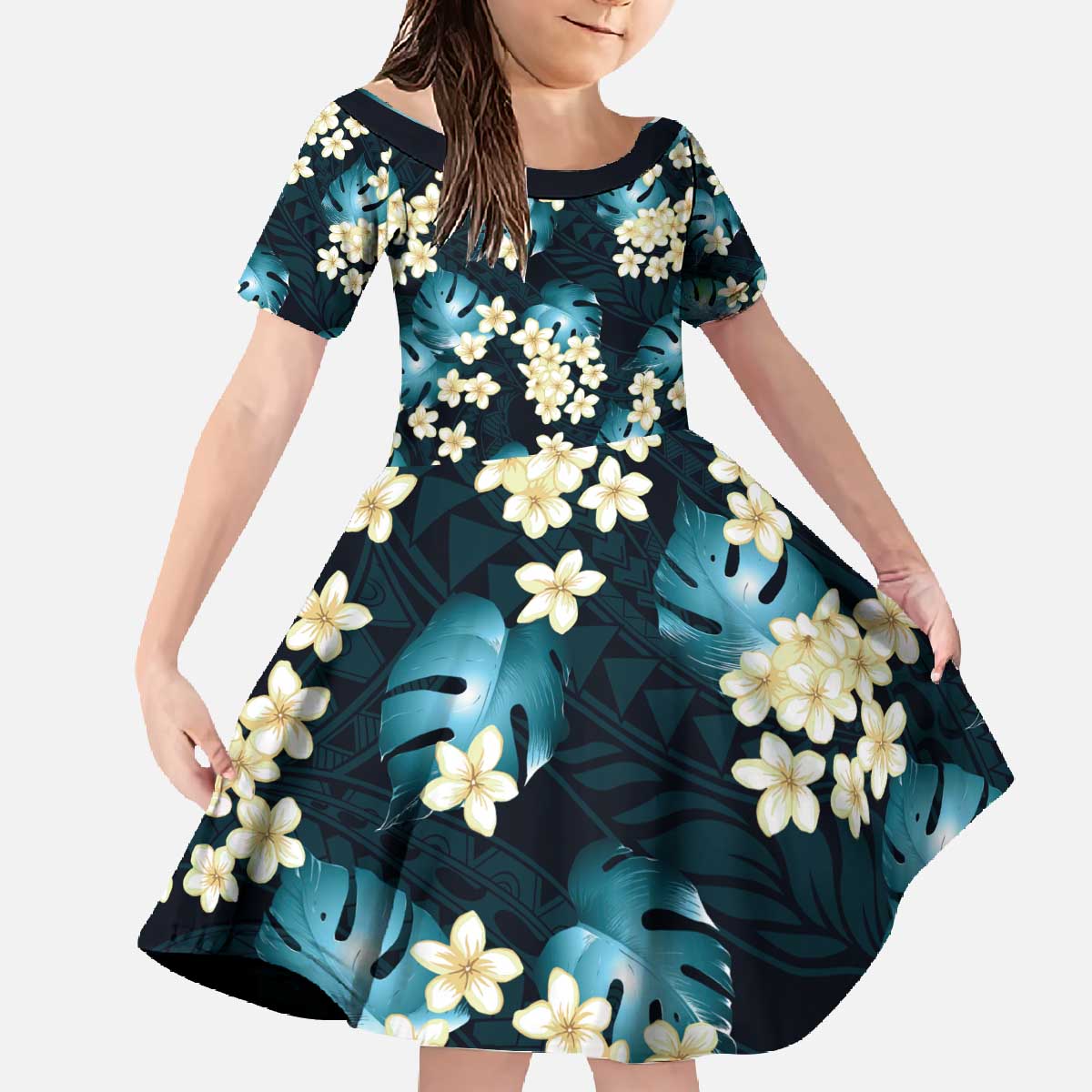 Dark Cyan Tropical Hawaii Family Matching Off The Shoulder Long Sleeve Dress and Hawaiian Shirt Seamless Monstera Plumeria Hawaiian Pattern - Polynesian Pride