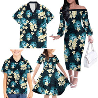 Dark Cyan Tropical Hawaii Family Matching Off The Shoulder Long Sleeve Dress and Hawaiian Shirt Seamless Monstera Plumeria Hawaiian Pattern - Polynesian Pride