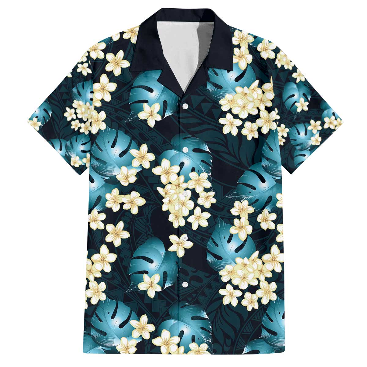 Dark Cyan Tropical Hawaii Family Matching Off The Shoulder Long Sleeve Dress and Hawaiian Shirt Seamless Monstera Plumeria Hawaiian Pattern - Polynesian Pride