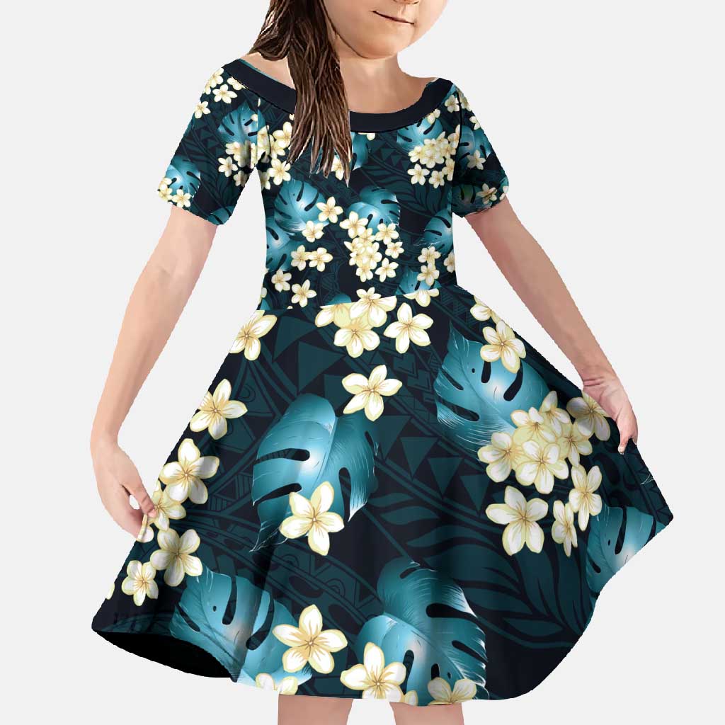 Dark Cyan Tropical Hawaii Family Matching Off Shoulder Maxi Dress and Hawaiian Shirt Seamless Monstera Plumeria Hawaiian Pattern - Polynesian Pride