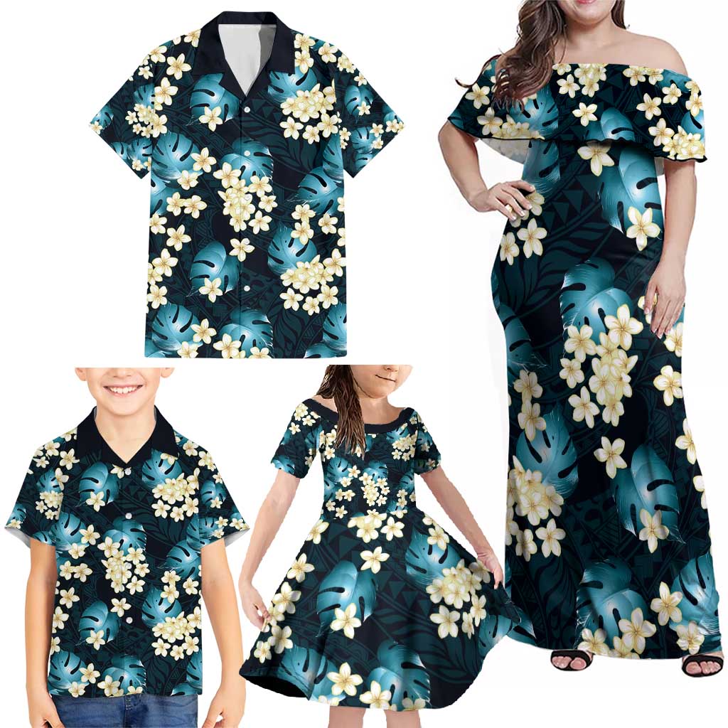 Dark Cyan Tropical Hawaii Family Matching Off Shoulder Maxi Dress and Hawaiian Shirt Seamless Monstera Plumeria Hawaiian Pattern - Polynesian Pride