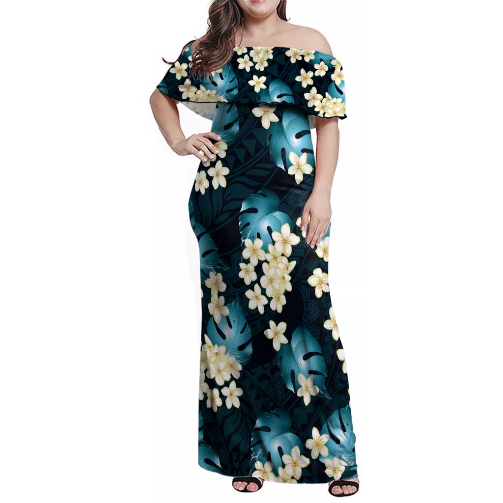 Dark Cyan Tropical Hawaii Family Matching Off Shoulder Maxi Dress and Hawaiian Shirt Seamless Monstera Plumeria Hawaiian Pattern - Polynesian Pride