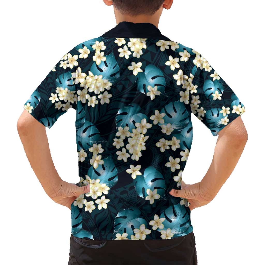 Dark Cyan Tropical Hawaii Family Matching Off Shoulder Short Dress and Hawaiian Shirt Seamless Monstera Plumeria Hawaiian Pattern - Polynesian Pride
