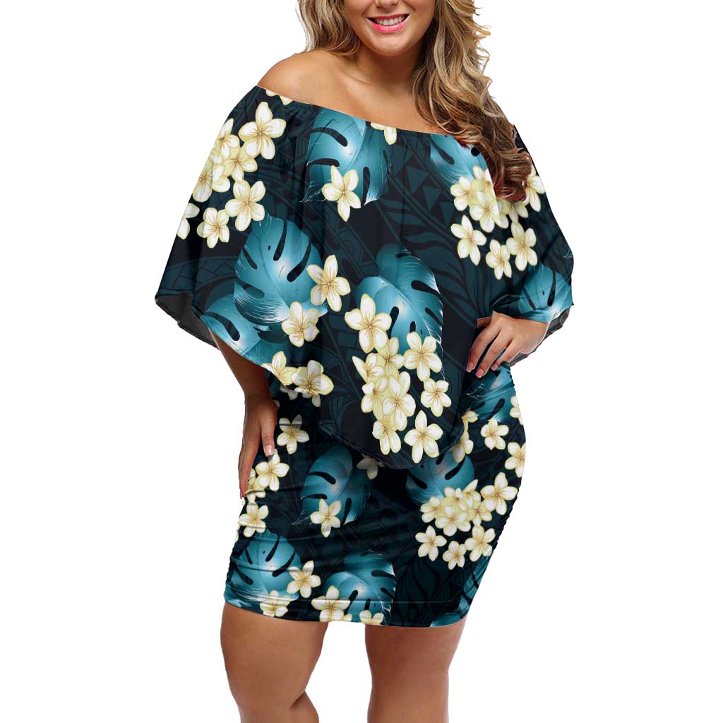 Dark Cyan Tropical Hawaii Family Matching Off Shoulder Short Dress and Hawaiian Shirt Seamless Monstera Plumeria Hawaiian Pattern - Polynesian Pride