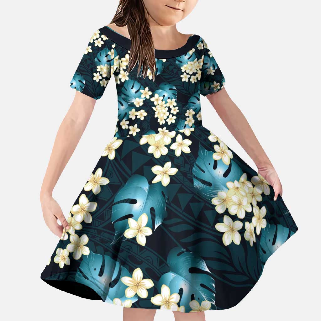 Dark Cyan Tropical Hawaii Family Matching Short Sleeve Bodycon Dress and Hawaiian Shirt Seamless Monstera Plumeria Hawaiian Pattern - Polynesian Pride