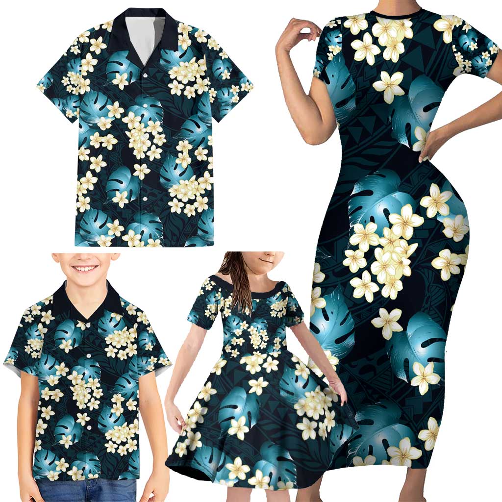 Dark Cyan Tropical Hawaii Family Matching Short Sleeve Bodycon Dress and Hawaiian Shirt Seamless Monstera Plumeria Hawaiian Pattern - Polynesian Pride