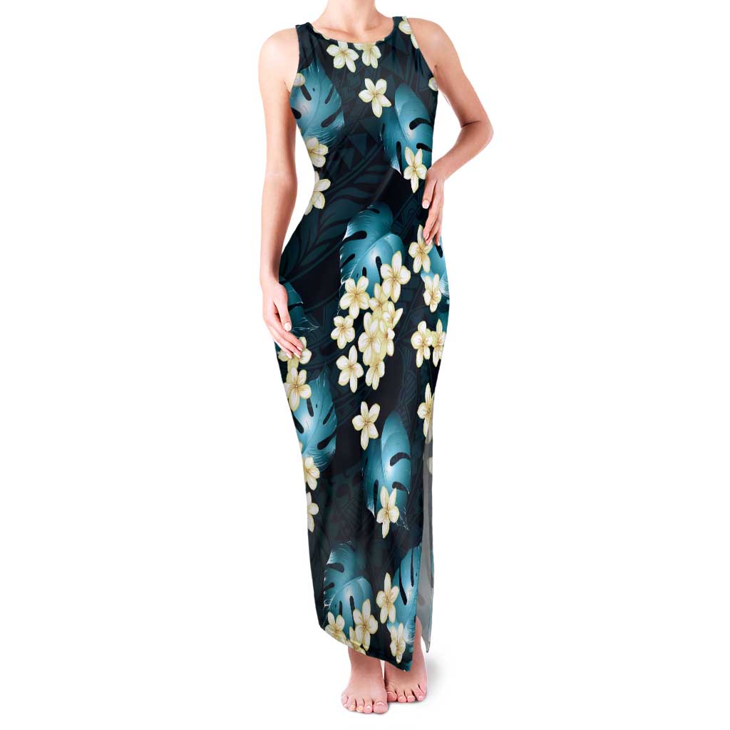 Dark Cyan Tropical Hawaii Family Matching Tank Maxi Dress and Hawaiian Shirt Seamless Monstera Plumeria Hawaiian Pattern - Polynesian Pride