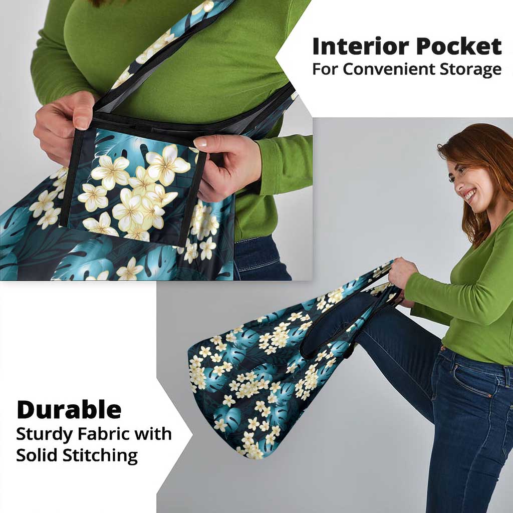 Dark Cyan Tropical Hawaii Grocery Bag Seamless Monstera Plumeria Hawaiian Pattern - Polynesian Pride