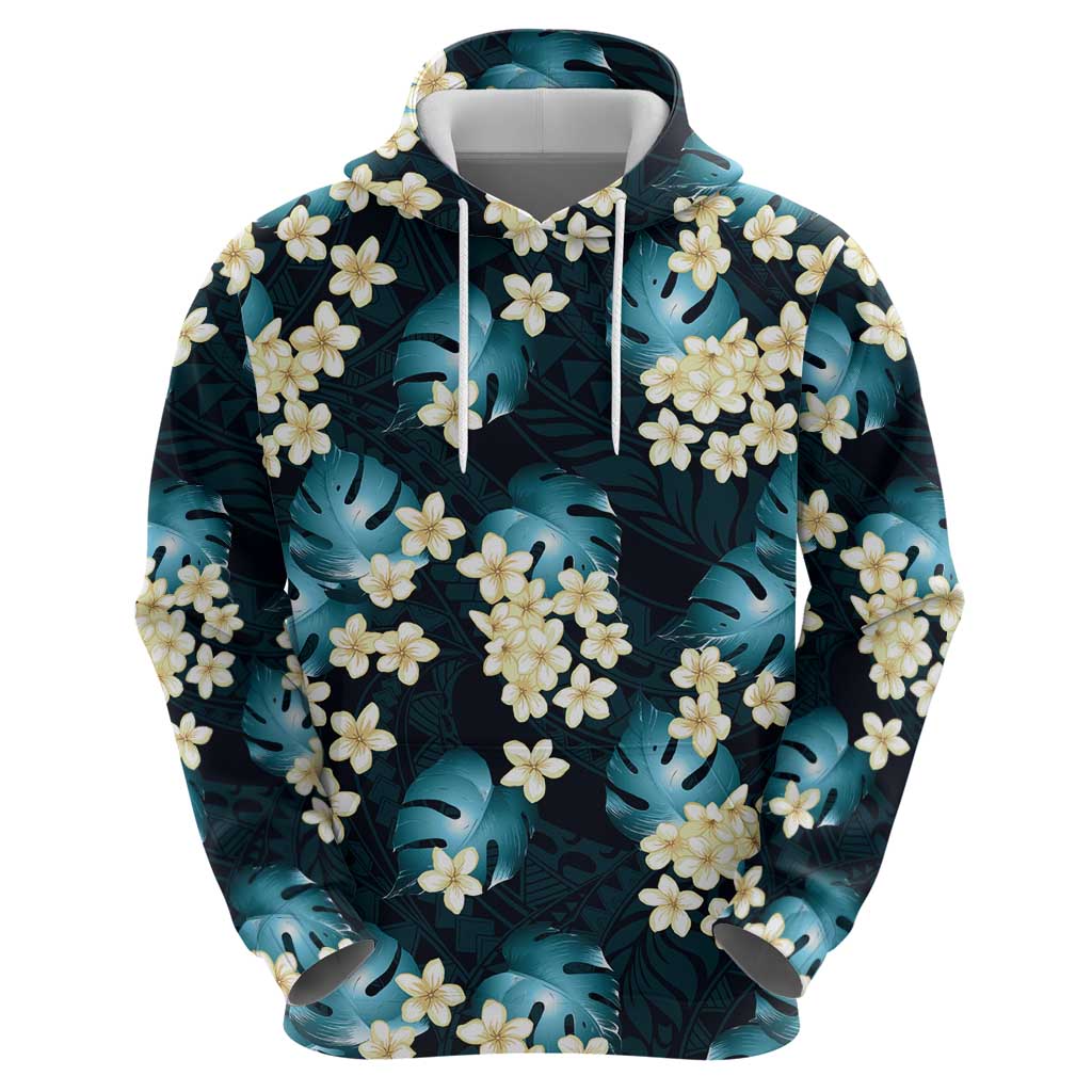 Dark Cyan Tropical Hawaii Hoodie Seamless Monstera Plumeria Hawaiian Pattern - Polynesian Pride