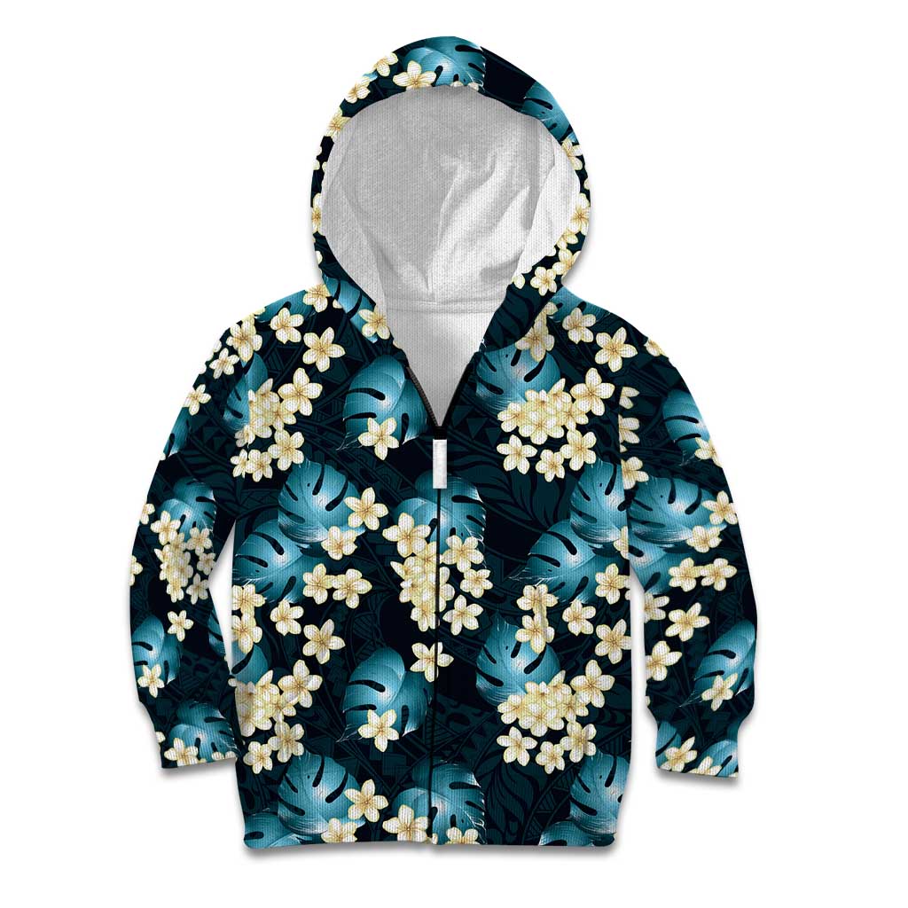 Dark Cyan Tropical Hawaii Kid Hoodie Seamless Monstera Plumeria Hawaiian Pattern - Polynesian Pride