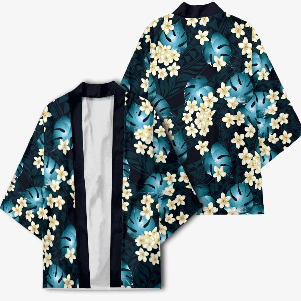 Dark Cyan Tropical Hawaii Kimono Seamless Monstera Plumeria Hawaiian Pattern - Polynesian Pride