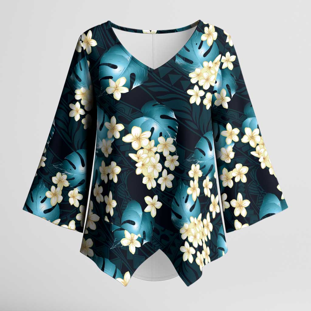 Dark Cyan Tropical Hawaii Kimono Sleeve Blouse Seamless Monstera Plumeria Hawaiian Pattern - Polynesian Pride