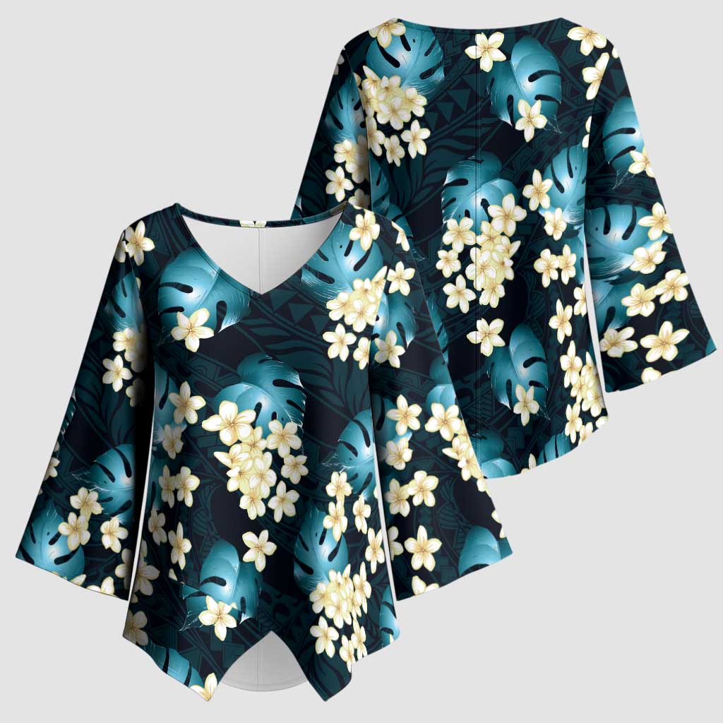 Dark Cyan Tropical Hawaii Kimono Sleeve Blouse Seamless Monstera Plumeria Hawaiian Pattern - Polynesian Pride