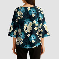 Dark Cyan Tropical Hawaii Kimono Sleeve Blouse Seamless Monstera Plumeria Hawaiian Pattern - Polynesian Pride