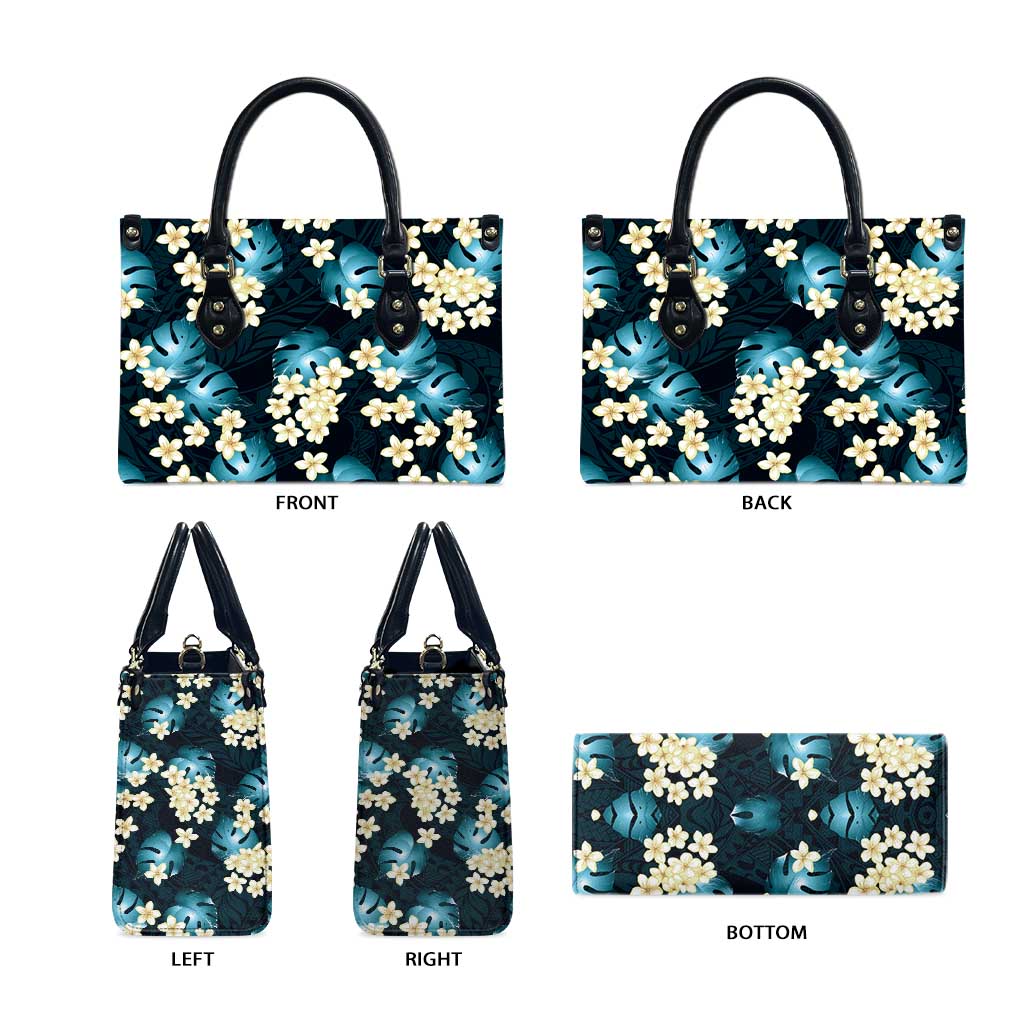 Dark Cyan Tropical Hawaii Leather Bag Seamless Monstera Plumeria Hawaiian Pattern - Polynesian Pride