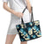 Dark Cyan Tropical Hawaii Leather Tote Bag Seamless Monstera Plumeria Hawaiian Pattern - Polynesian Pride