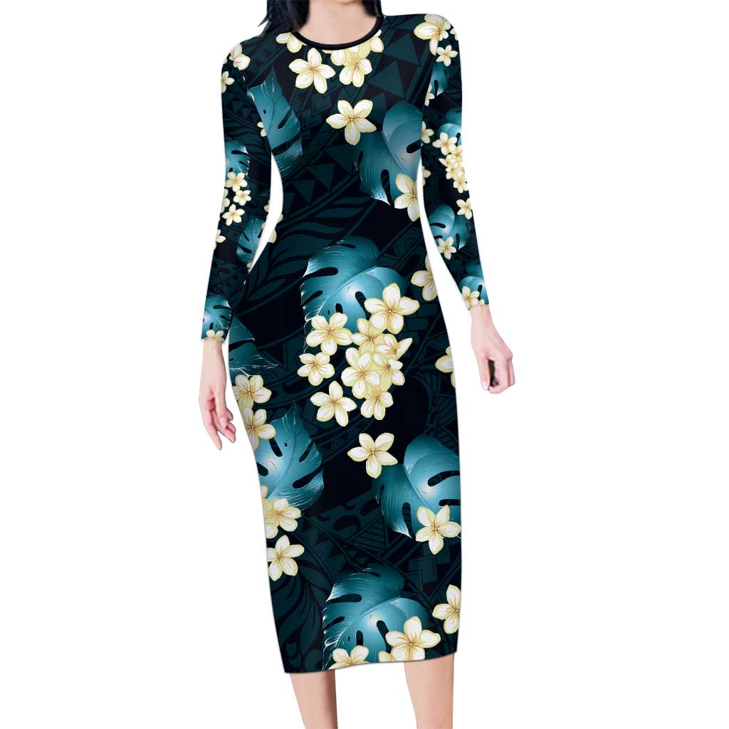 Dark Cyan Tropical Hawaii Long Sleeve Bodycon Dress Seamless Monstera Plumeria Hawaiian Pattern - Polynesian Pride