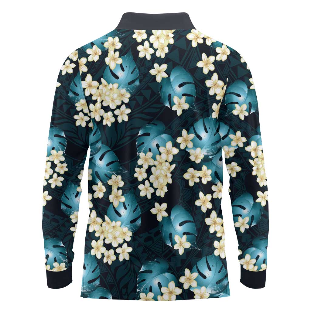 Dark Cyan Tropical Hawaii Long Sleeve Polo Shirt Seamless Monstera Plumeria Hawaiian Pattern - Polynesian Pride