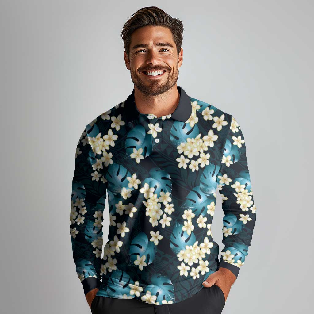 Dark Cyan Tropical Hawaii Long Sleeve Polo Shirt Seamless Monstera Plumeria Hawaiian Pattern - Polynesian Pride