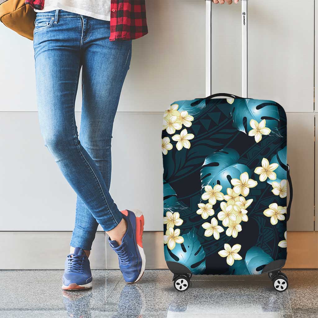 Dark Cyan Tropical Hawaii Luggage Cover Seamless Monstera Plumeria Hawaiian Pattern - Polynesian Pride