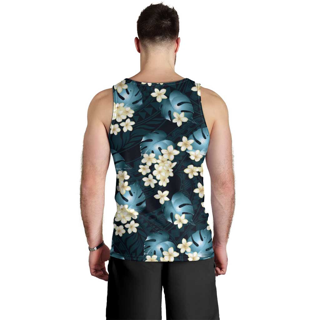 Dark Cyan Tropical Hawaii Men Tank Top Seamless Monstera Plumeria Hawaiian Pattern - Polynesian Pride