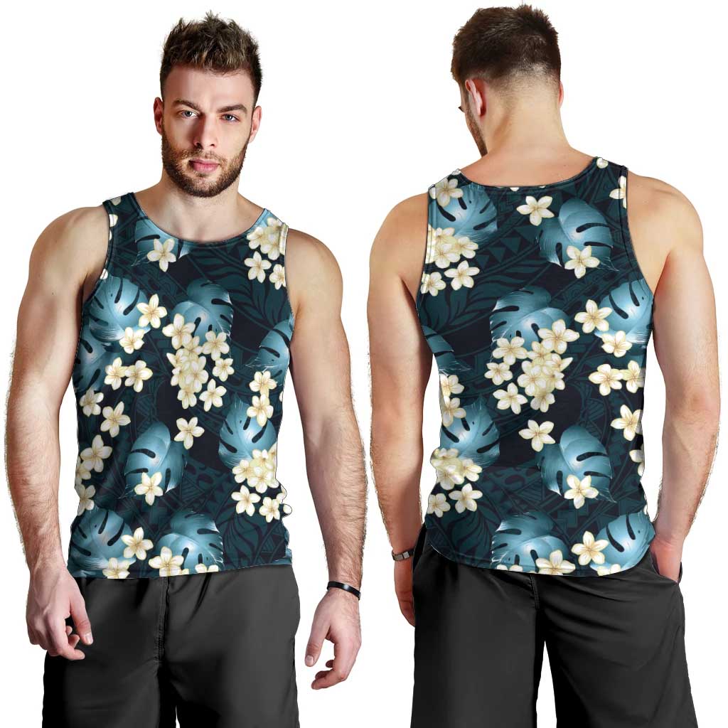 Dark Cyan Tropical Hawaii Men Tank Top Seamless Monstera Plumeria Hawaiian Pattern - Polynesian Pride