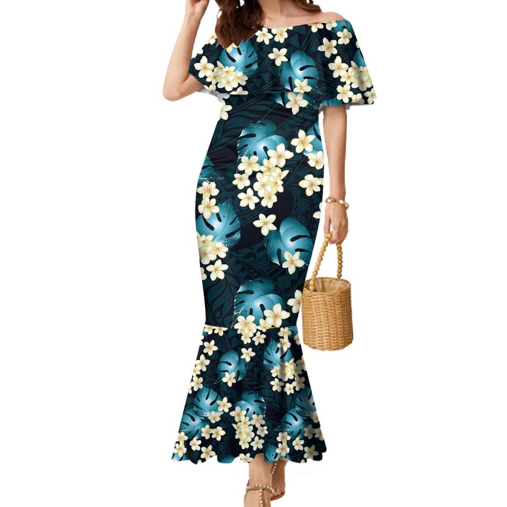 Dark Cyan Tropical Hawaii Mermaid Dress Seamless Monstera Plumeria Hawaiian Pattern - Polynesian Pride