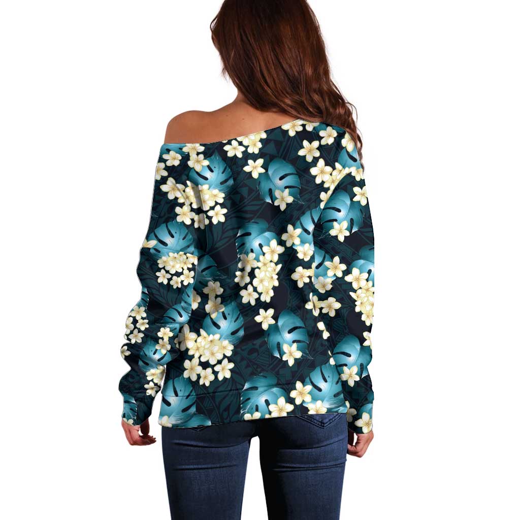 Dark Cyan Tropical Hawaii Off Shoulder Sweater Seamless Monstera Plumeria Hawaiian Pattern - Polynesian Pride