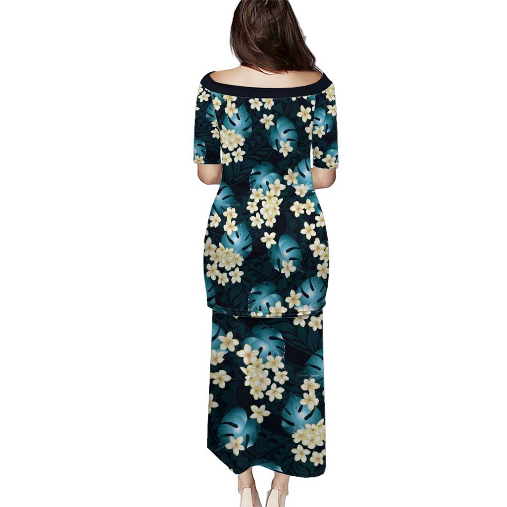 Dark Cyan Tropical Hawaii Puletasi Seamless Monstera Plumeria Hawaiian Pattern - Polynesian Pride