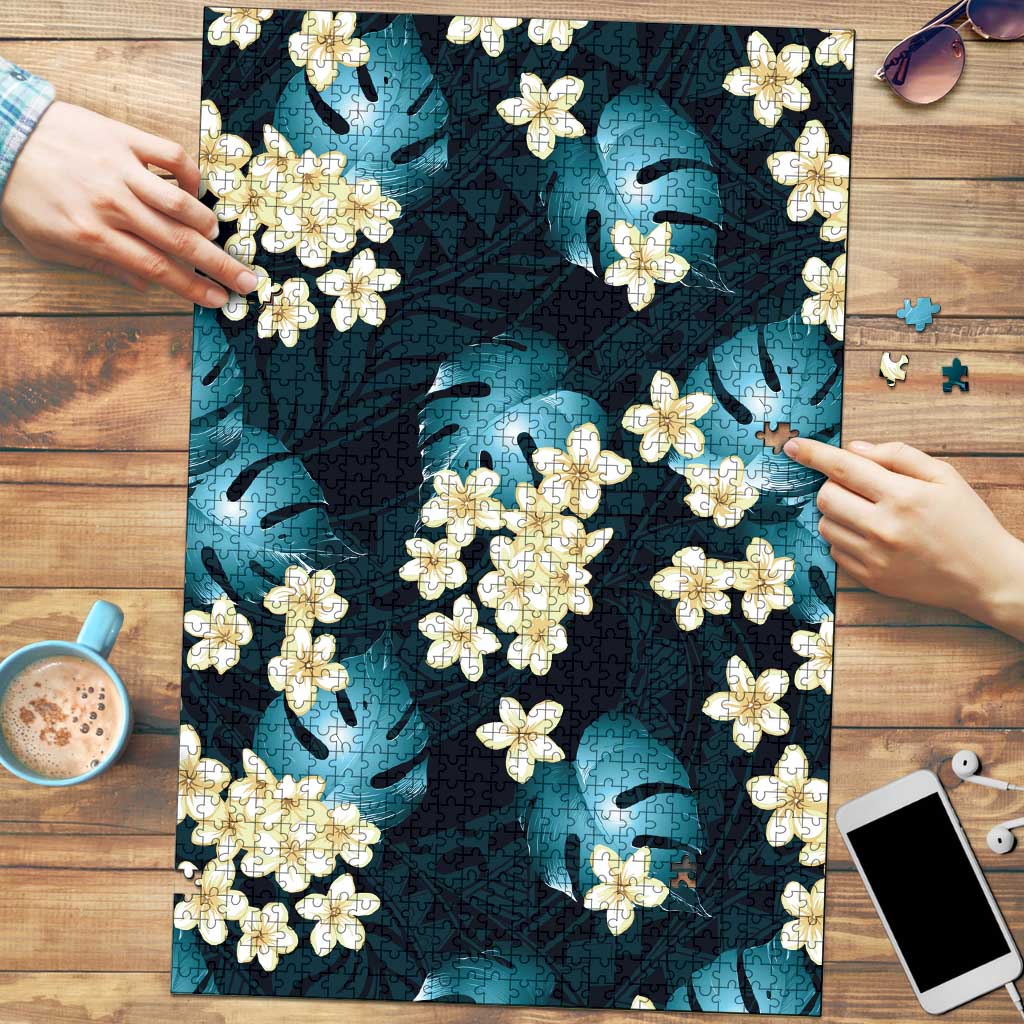Dark Cyan Tropical Hawaii Puzzle Seamless Monstera Plumeria Hawaiian Pattern - Polynesian Pride