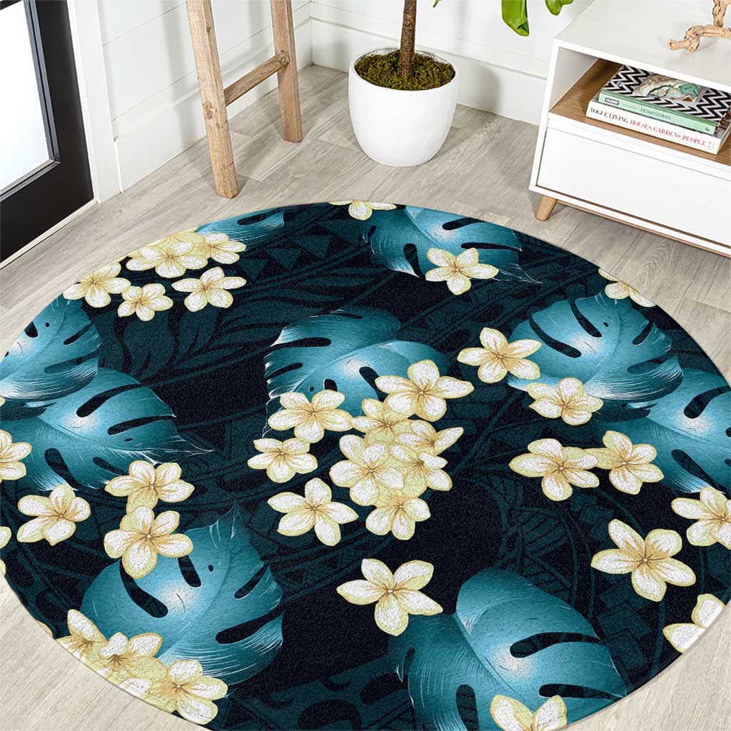 Dark Cyan Tropical Hawaii Round Carpet Seamless Monstera Plumeria Hawaiian Pattern - Polynesian Pride