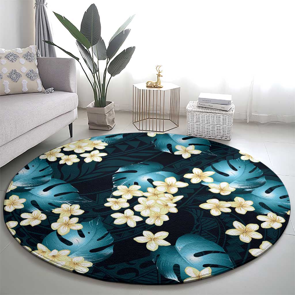 Dark Cyan Tropical Hawaii Round Carpet Seamless Monstera Plumeria Hawaiian Pattern - Polynesian Pride