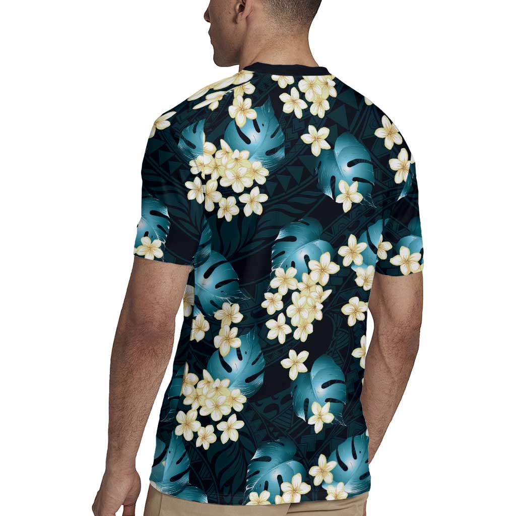 Dark Cyan Tropical Hawaii Rugby Jersey Seamless Monstera Plumeria Hawaiian Pattern - Polynesian Pride