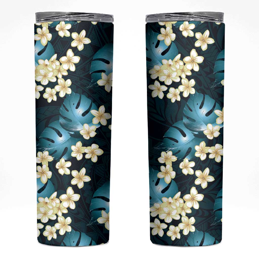 Dark Cyan Tropical Hawaii Skinny Tumbler Seamless Monstera Plumeria Hawaiian Pattern - Polynesian Pride