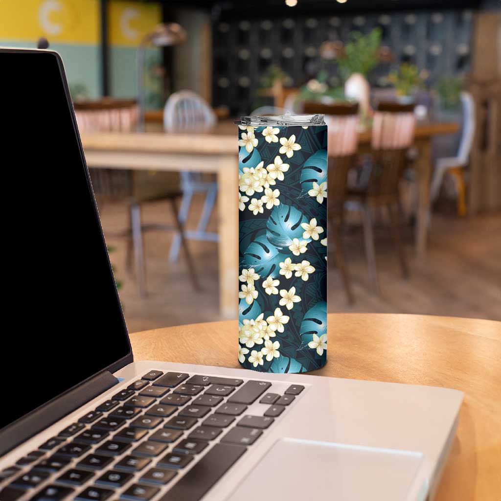 Dark Cyan Tropical Hawaii Skinny Tumbler Seamless Monstera Plumeria Hawaiian Pattern - Polynesian Pride