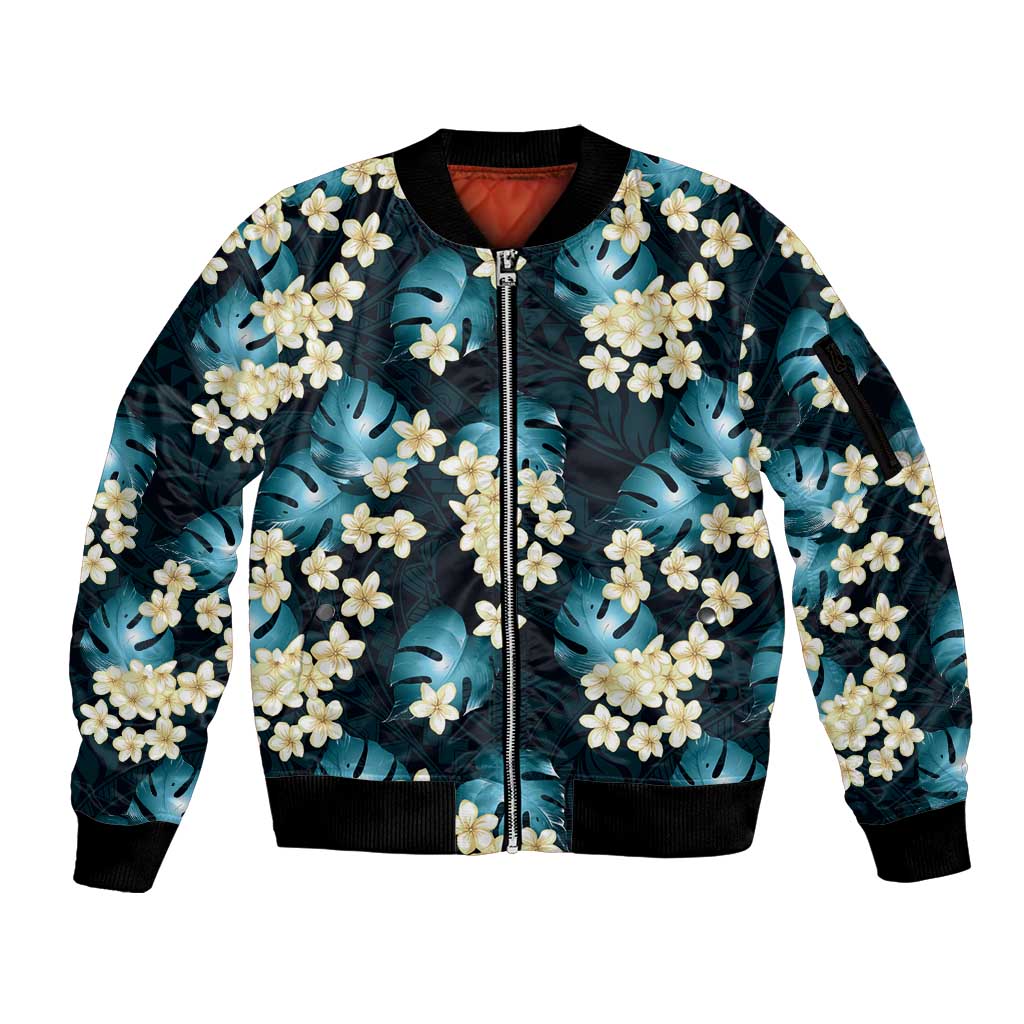 Dark Cyan Tropical Hawaii Sleeve Zip Bomber Jacket Seamless Monstera Plumeria Hawaiian Pattern - Polynesian Pride