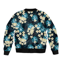 Dark Cyan Tropical Hawaii Sleeve Zip Bomber Jacket Seamless Monstera Plumeria Hawaiian Pattern - Polynesian Pride