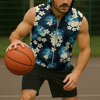 Dark Cyan Tropical Hawaii Sleeveless Zip Hoodie Seamless Monstera Plumeria Hawaiian Pattern - Polynesian Pride