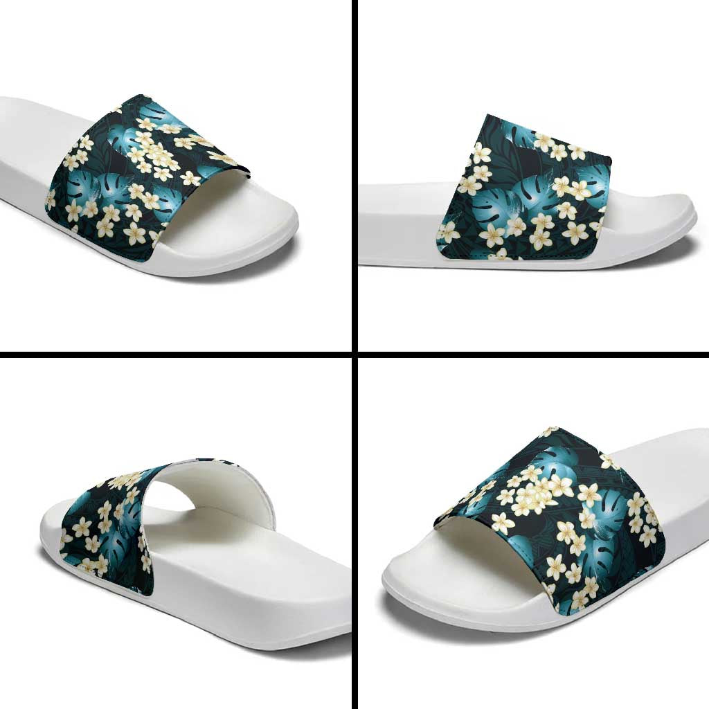 Dark Cyan Tropical Hawaii Slide Sandals Seamless Monstera Plumeria Hawaiian Pattern - Polynesian Pride