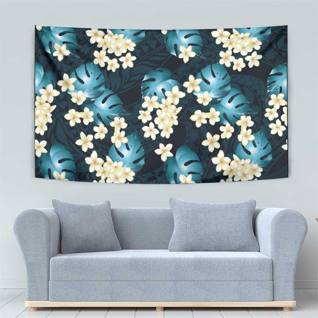 Dark Cyan Tropical Hawaii Tapestry Seamless Monstera Plumeria Hawaiian Pattern - Polynesian Pride